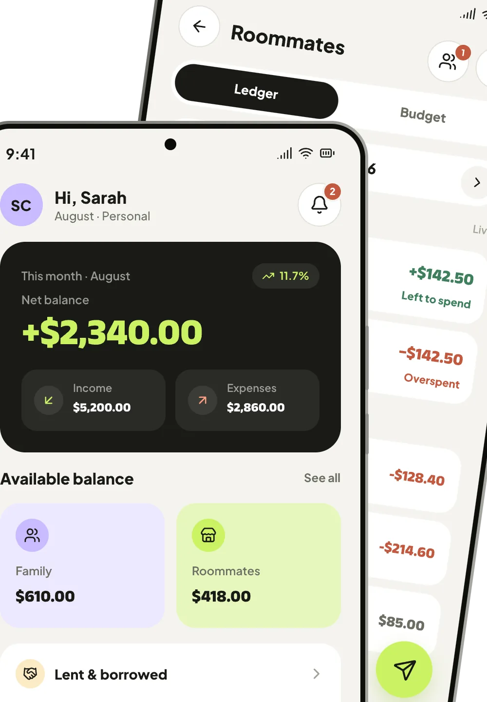 Two phones running Pooled: a shared space's ledger behind, the personal dashboard in front