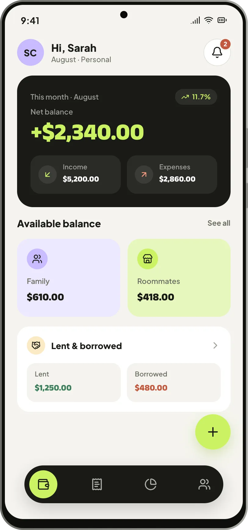 The Pooled home screen: this month's net balance, income and expenses, and a list of shared spaces.