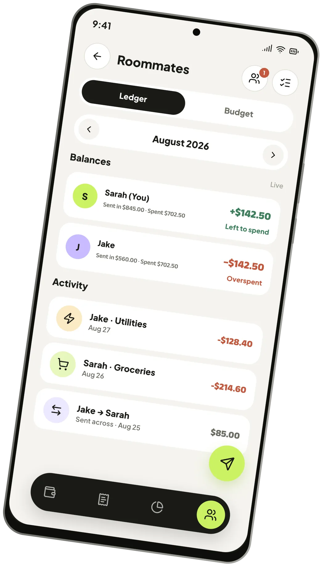 A shared space in Pooled called Roommates: each member's money sent in, spent and left to spend, with recent activity below.