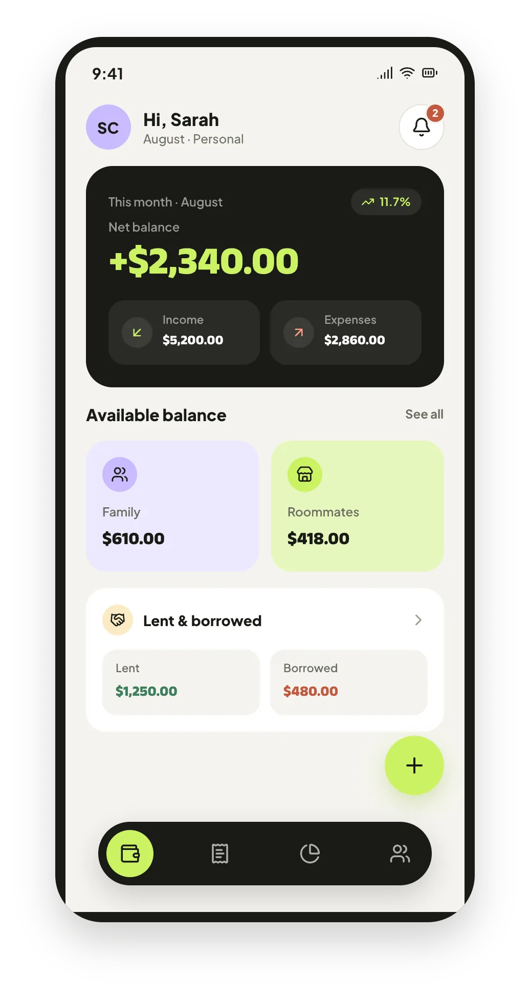 The Pooled dashboard showing the month's net balance.
