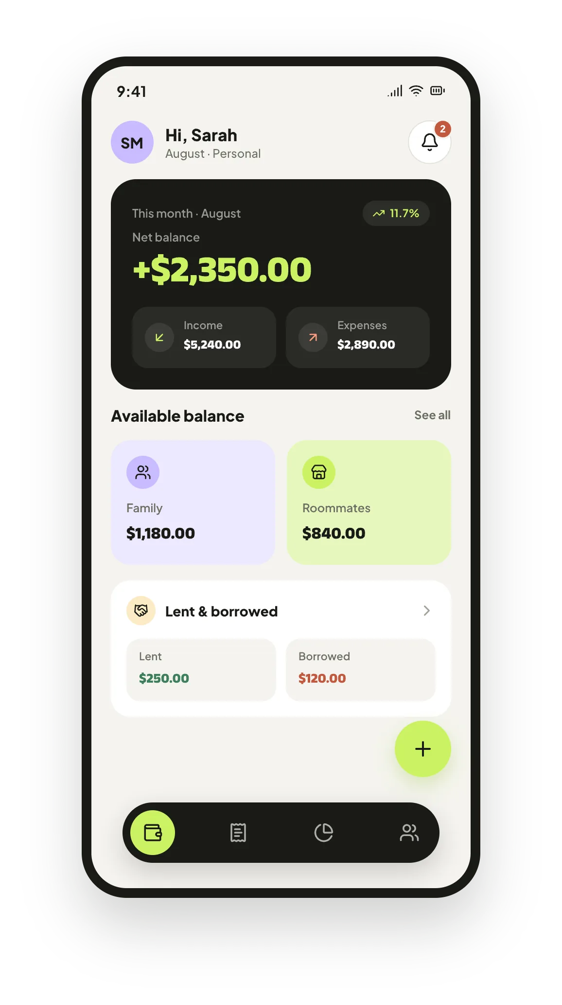 The Pooled dashboard: balance, this month's spend, and a list of recent entries.