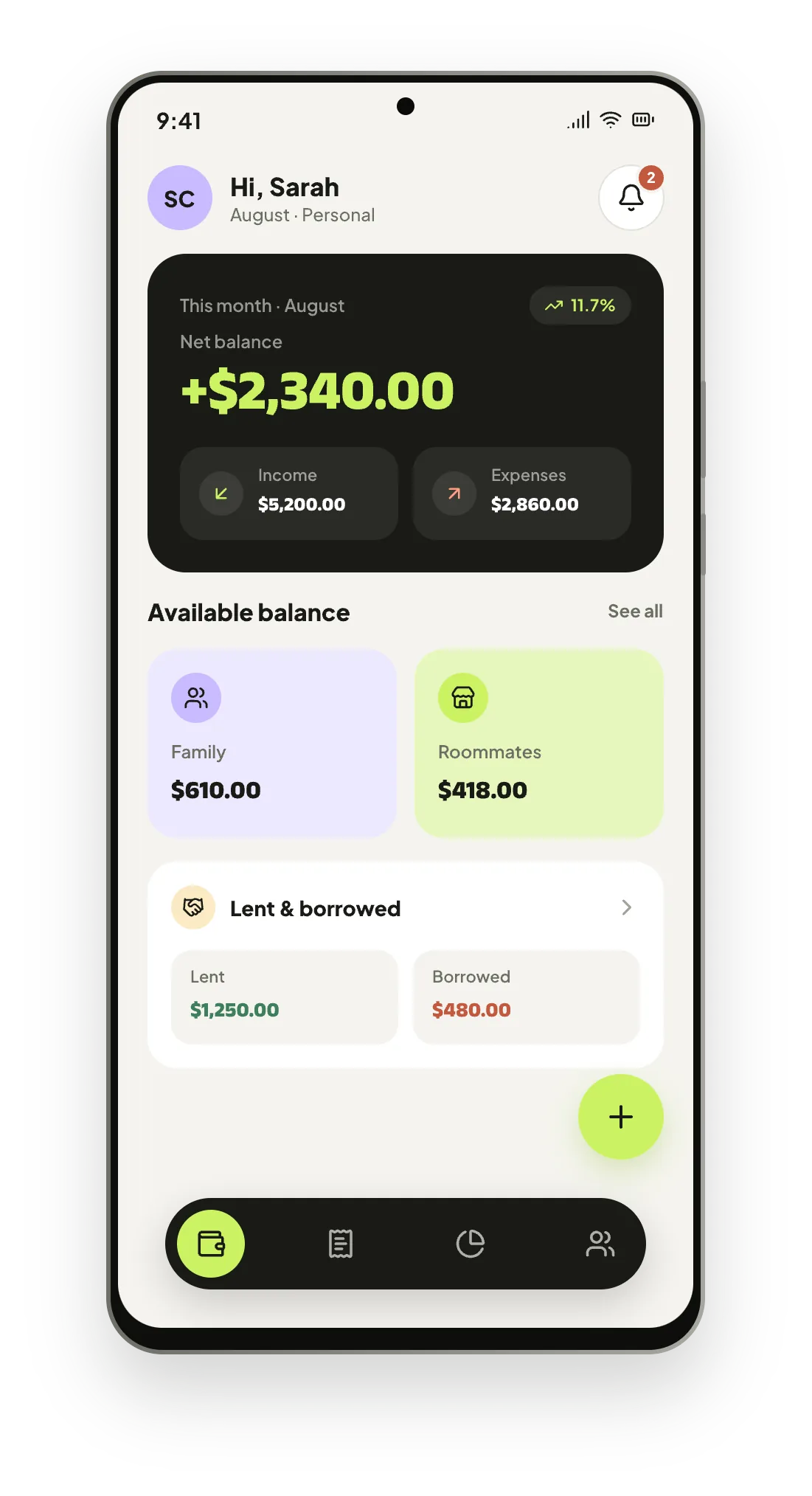 The Pooled dashboard showing a balance and recent entries.