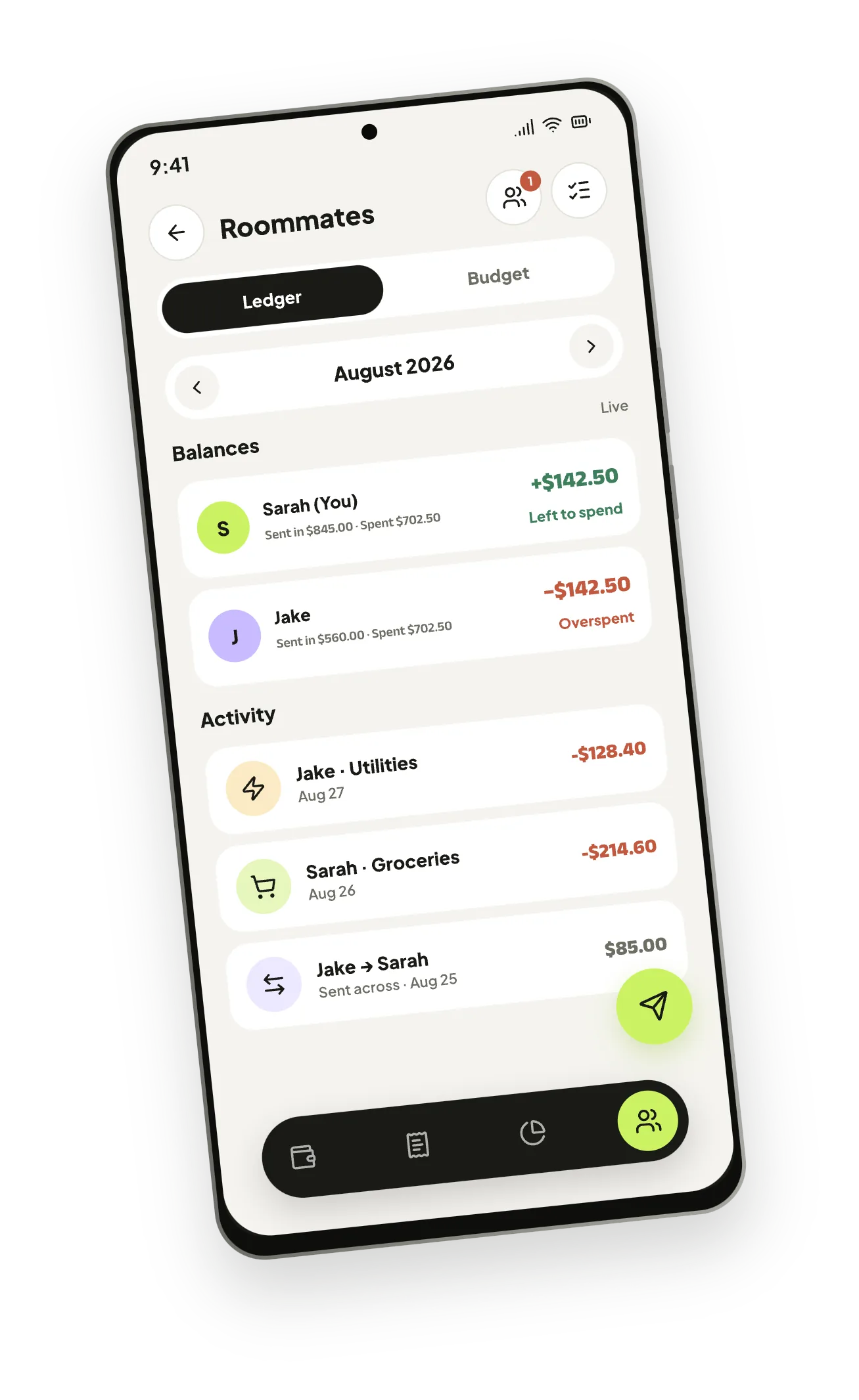 A shared space ledger listing each member and their balance.