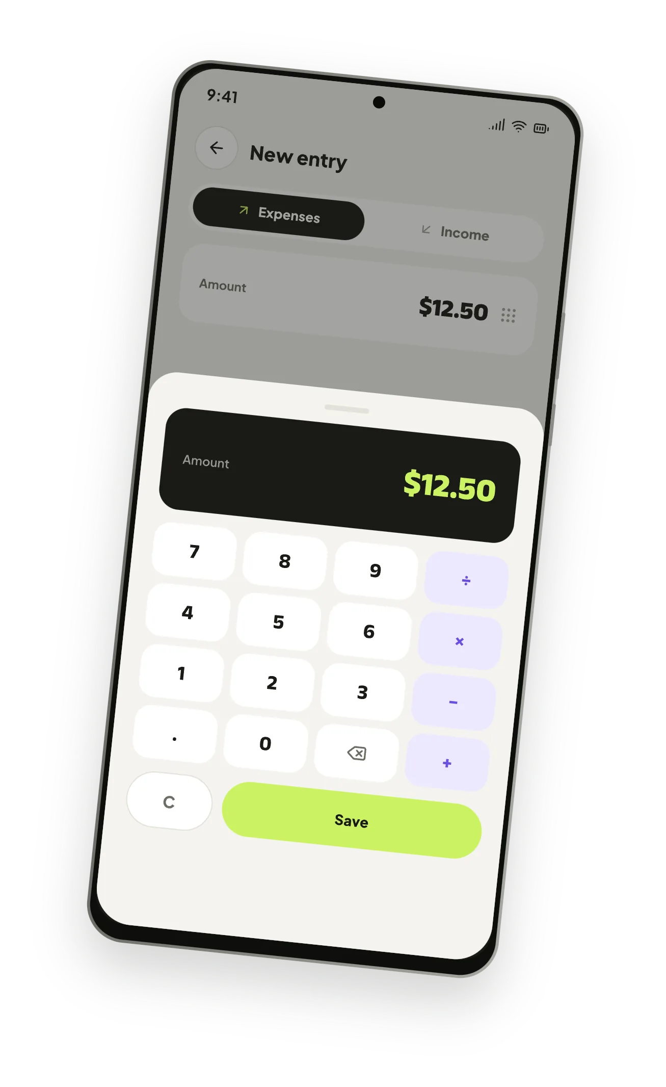 The amount keypad while adding an expense.